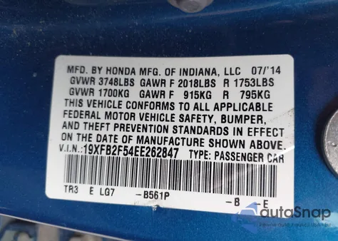 2014 Honda Civic Lx from USA, damaged, VIN 19XFB2F54EE262847